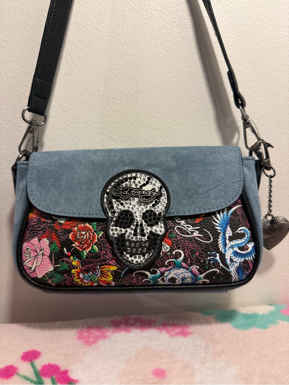Ed Hardy Tattoo Print suede blue Shoulder crossbody bag NEW RELEASE